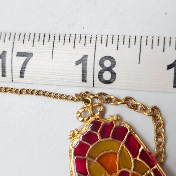 Stained Glass Inspired Pendant Necklace With Faux Pearl Drop On Long Gold Tone - Picture 5 of 5